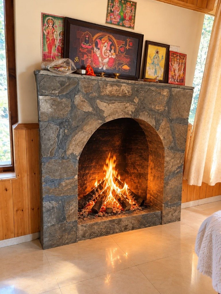 Handcrafted natural stone fireplace with roaring wood fire at Royal Shivam Homestay